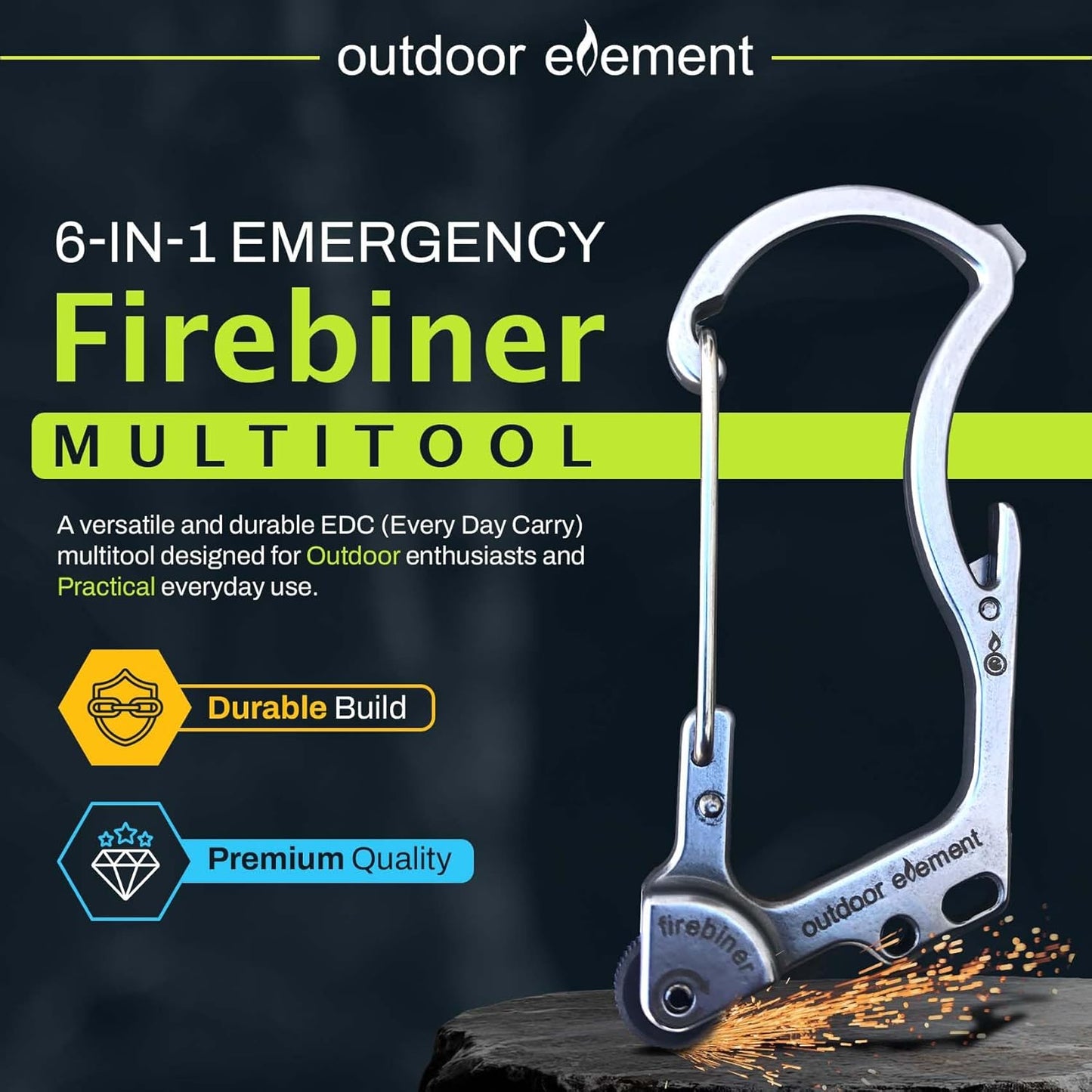 Firebiner 6-in-1 Fire-Starting Carabiner EDC Emergency Multitool -Keychain,Utility Blade,Bottle Opener,& More