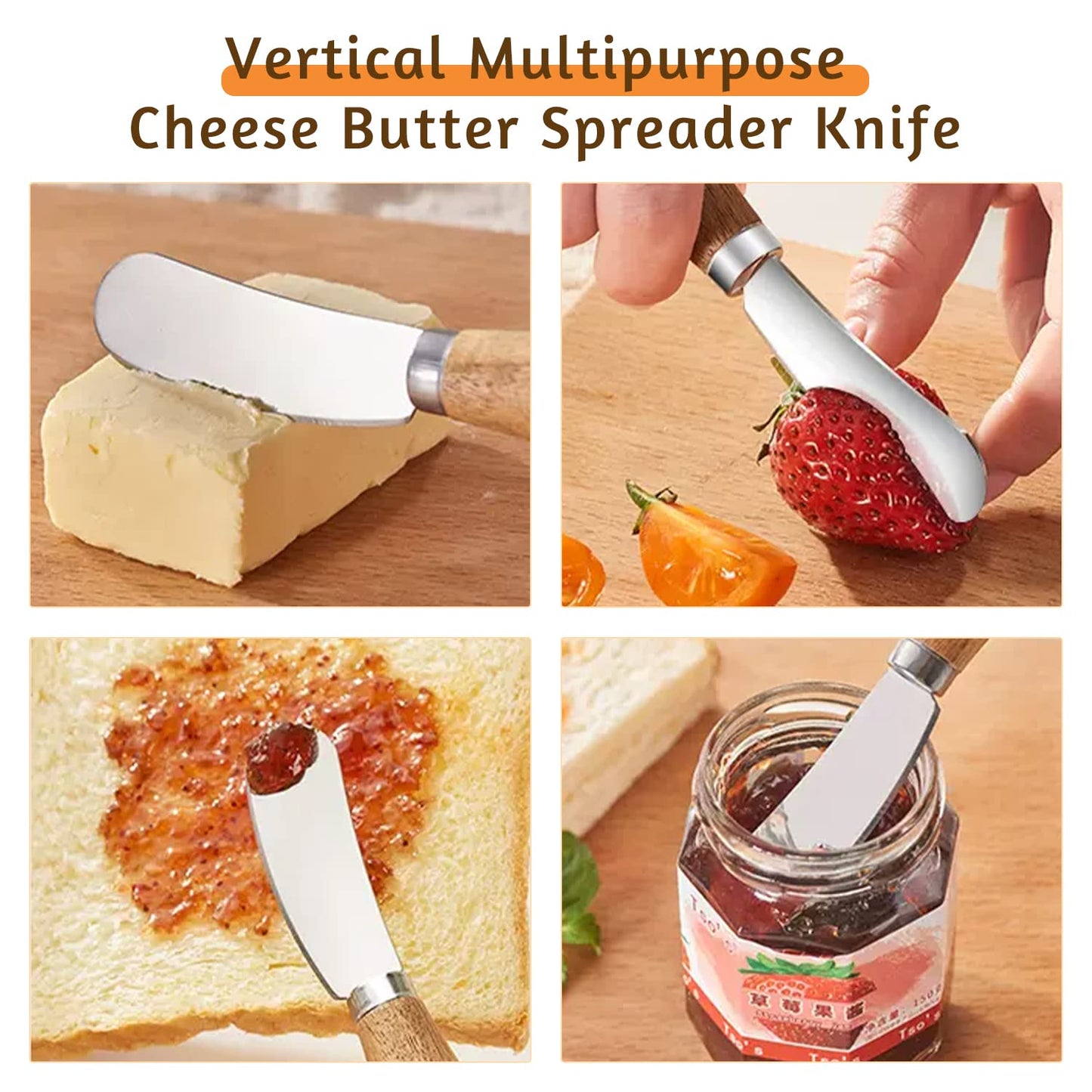 Mlurcu Stainless Steel Vertical Knife Set, 4 PCS Acacia Wood Handle Charcuterie Accessories for Butter, Cheese, Fruit, Jam, Ideal Kitchen Baking and Party Picnics Gifts