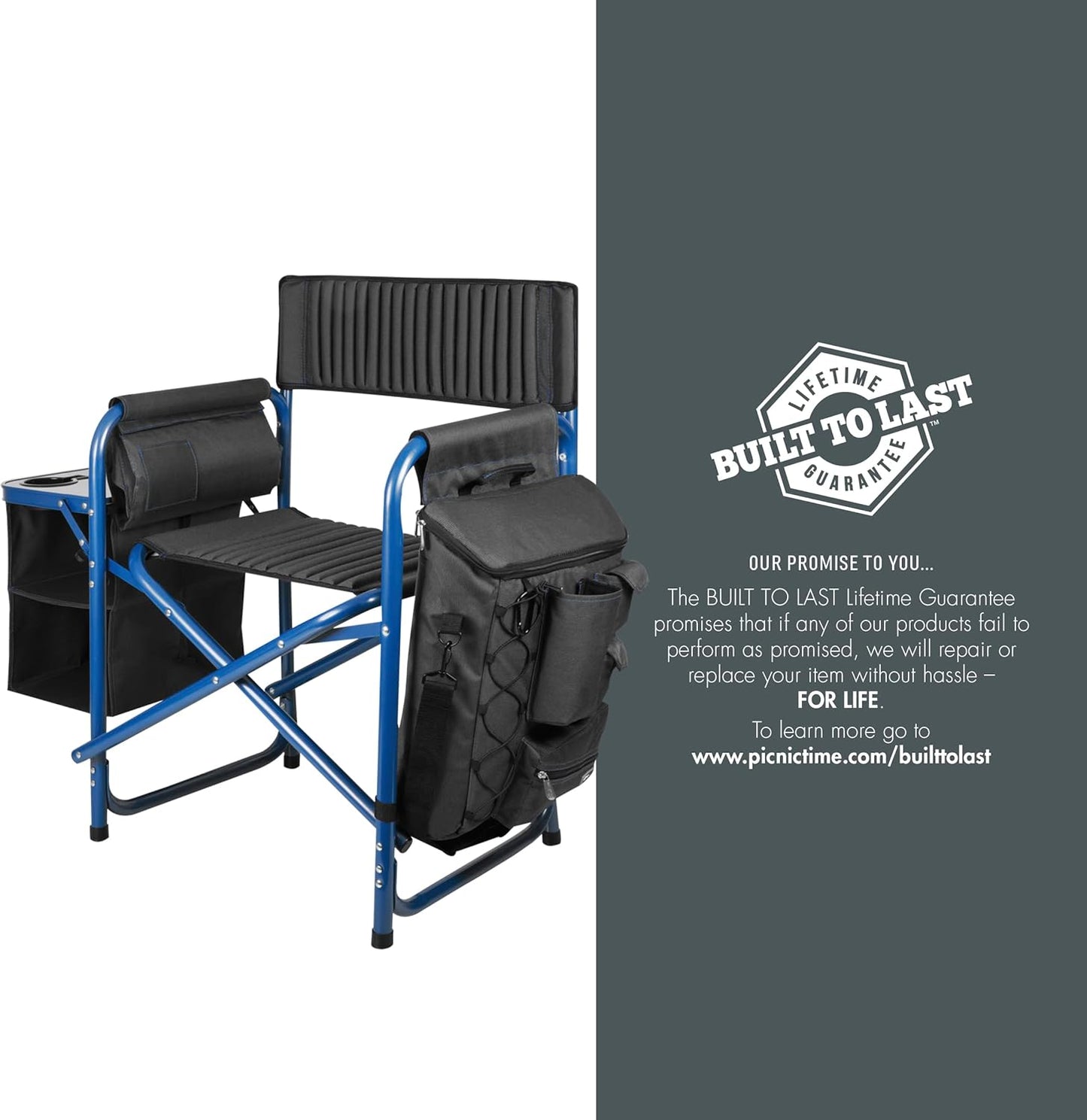 PICNIC TIME Fusion Camping Chair with Side Table and Soft Cooler, Outdoor Foldable Padded Camping Chairs with Cup Holder for Lawn, Beach, & Sports Use for Adults, (Dark Gray Blue Accents)