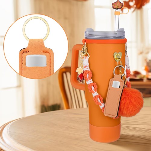 Mity rain 8PCS Cup Accessories for Stanley Cup 30oz 40oz Tumbler with Handle, Including Water Bottle Handle Strap, Chapstick Holder, Boot, Keychain Charms, Straw Topper Cover Cap for Stanley (Orange)