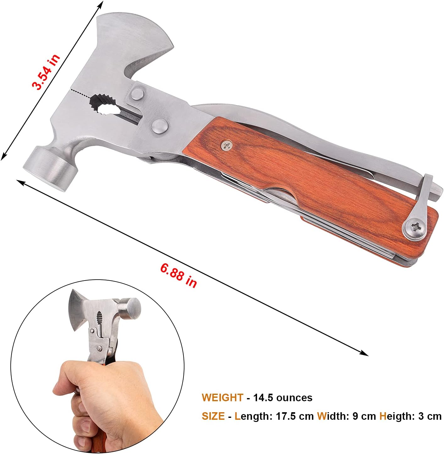 Multitool Hammer Camping Gear Accessories Survival Kits 14 in 1 Multifunction Tool Portable Folding Wood Handle Stainless Steel Multipurpose Equipment For Outdoor Hiking Hunting Tactic Unique Gifts
