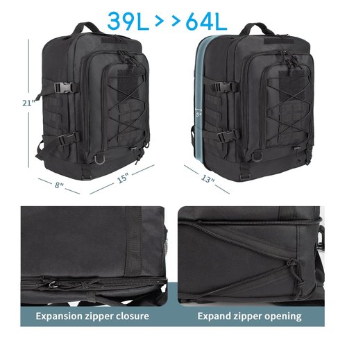 RooPoke Expandable Large Tactical Backpack for Men Military Backpacks 40-64L 3 Day Assault Pack Molle Bag For Outdoor Adventures Car Travel Backpacks