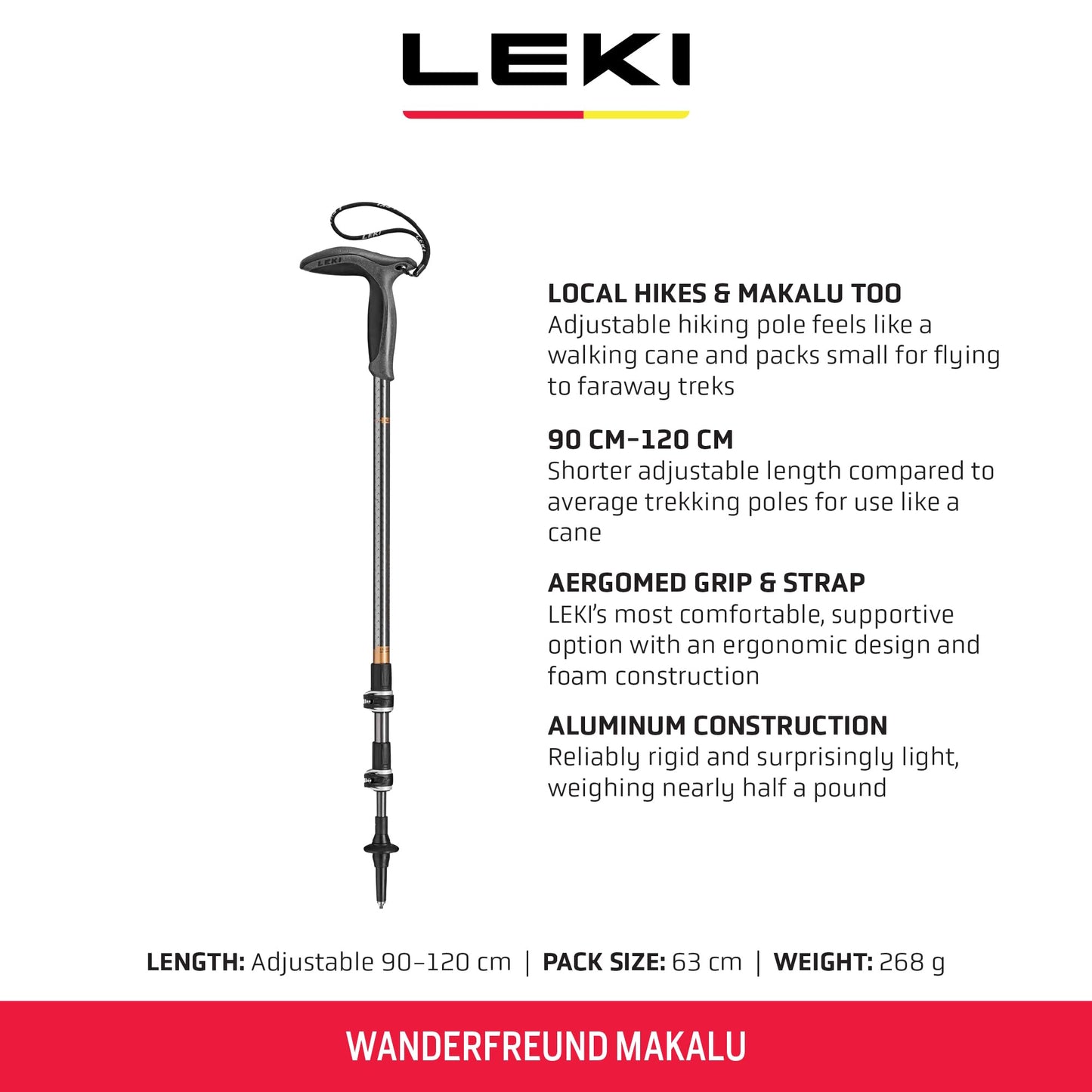 LEKI Wanderfreund Makalu Aluminum Adjustable Lightweight Walking Pole (Single) for Trekking & Hiking - Black-Anthracite-Copper - 90-120 cm