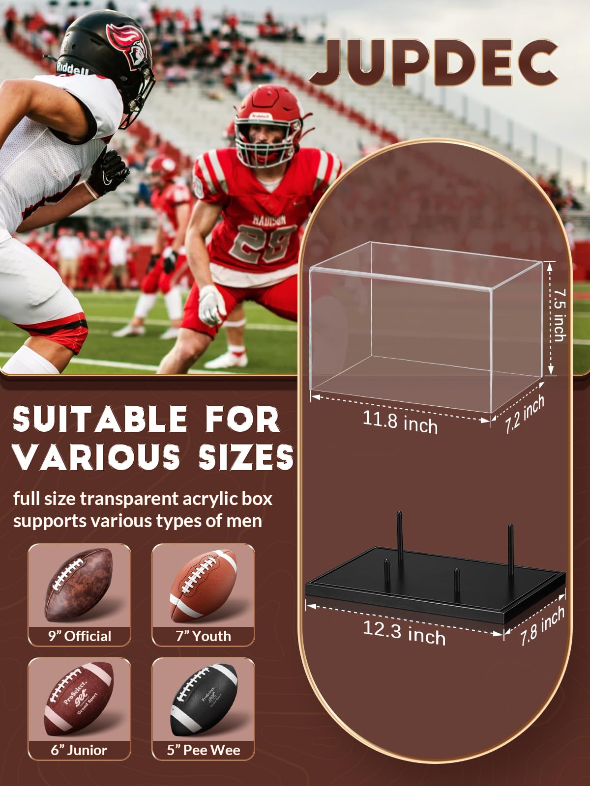 JupDec Football Display Case Full Size, Acrylic Clear Box with Wood Stand, UV Protected Memorabilia Holder, for Football Fans & Collectors, Sports Collectibles, No Assembly Required, Black