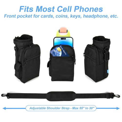 Xxerciz Water Bottle Carrier Bag for Owala FreeSip 24oz 32oz Water Bottle, Portable Water Bottle Holder with Phone Pocket Adjustable Shoulder Strap Carabiner for Walking Camping Hiking (Black)