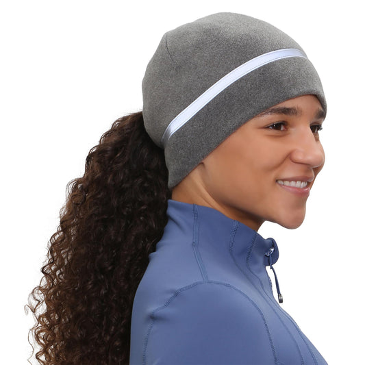TrailHeads Women's Ponytail Hat | Reflective Cold Weather Running Beanie | Hat for Running, Hiking, XC Skiing - Heather Grey
