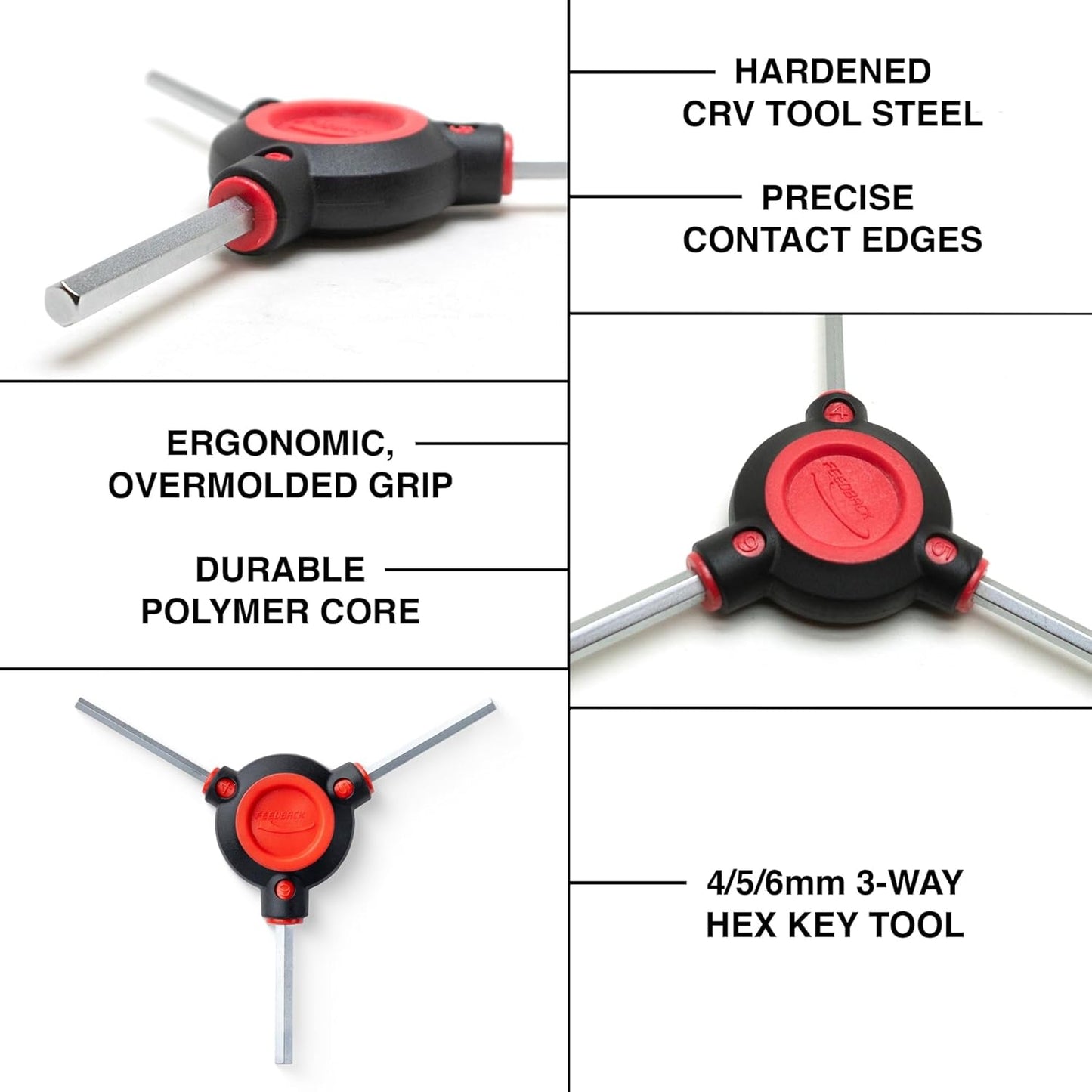 Feedback Sports | Fixed 3-Way Bicycle Torx Wrench Set | T25/T28/T30 | W/Dual Density Overmolded Rubber Grip