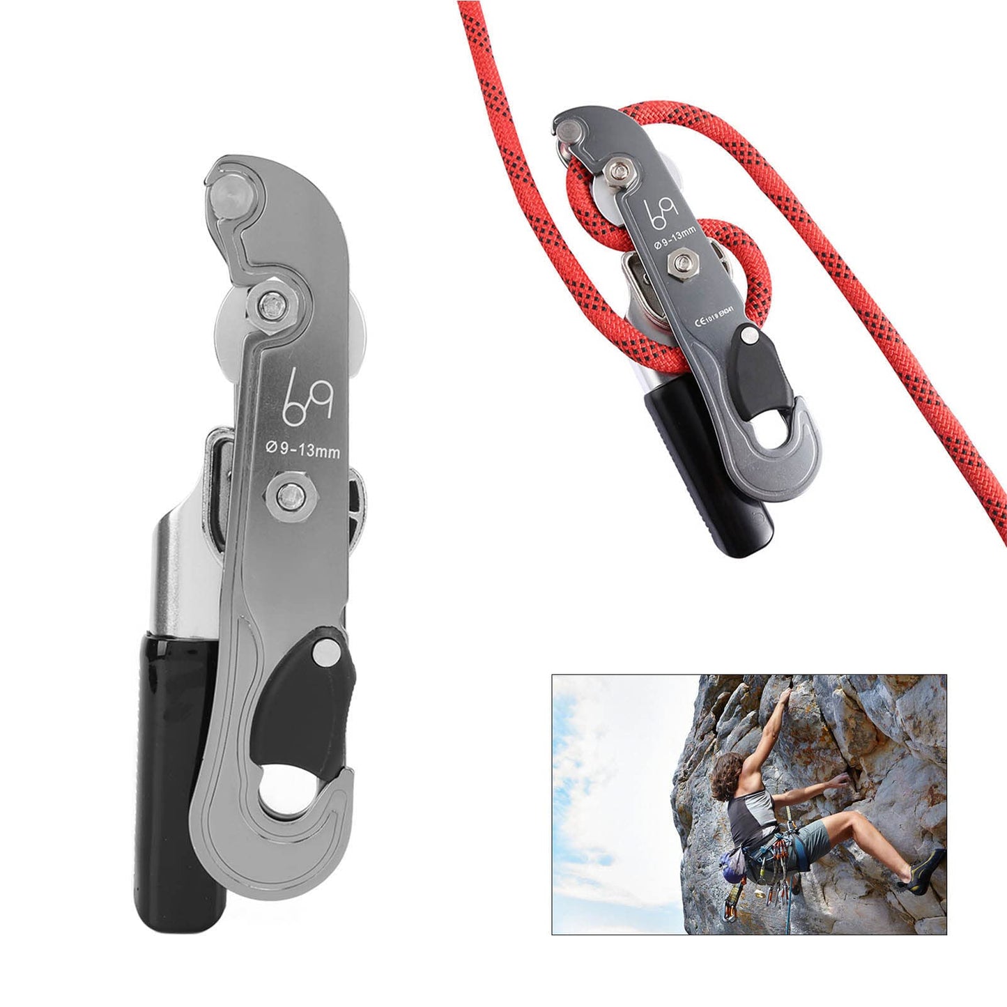 Hand Stop Descender, Professional Rock Climbing Descender & Ascender Set, Rappelling & Abseiling Device with Rope Stopper, Essential Climbing Gear for 9-13mm Rope, Belay Device