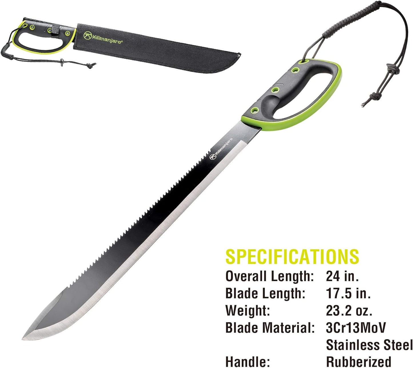 Kilimanjaro 24 Inch Machete Serrated Knife, Drop Point Tip to Saw Cut Branches, Clearing Brush, Gardening, Hiking, Outdoors Black Finish 910039