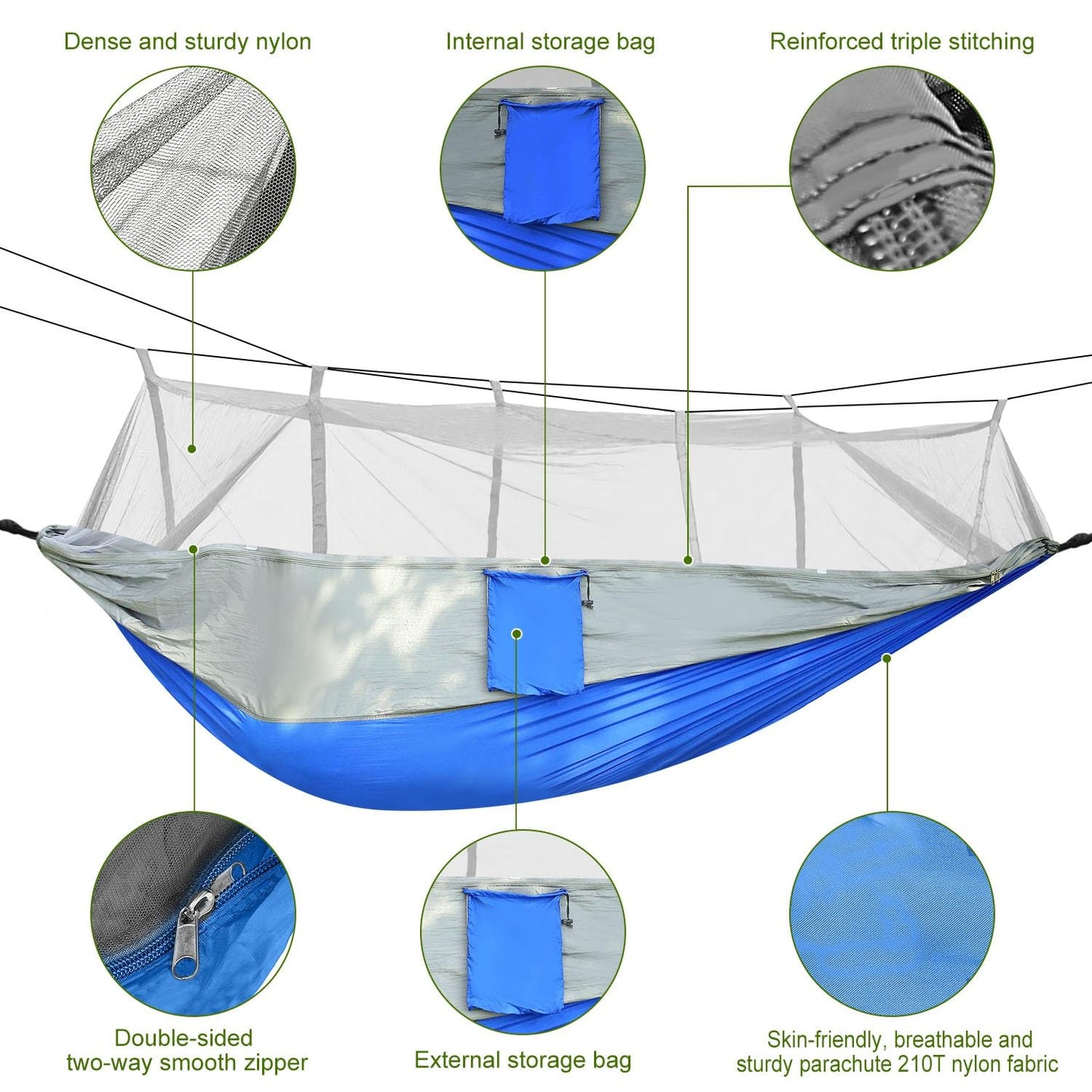 iMounTEK Camping Hammock 2 Persons Hammock with Mosquito Net for Bed Outdoor 600Lbs Load Hiking Camping Hammock& Hanging Kit Portable Nylon Swing Hanging Bed, Patio, Camping,Travel (Grey-Blue)