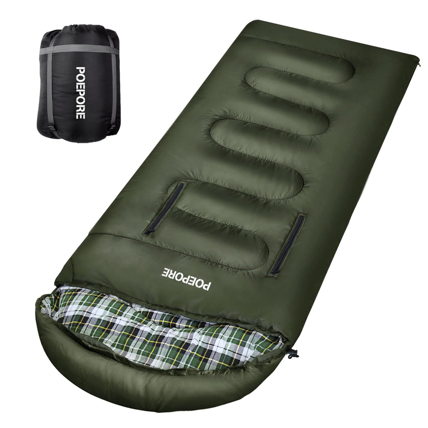 POEPORE Flannel Sleeping Bag Lightweight Warm Weather 3-4 Seasons for Adults XL Wearable Sleeping Bag Waterproof with Compression Sack Olive