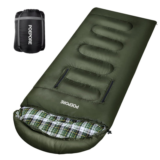 POEPORE Flannel Sleeping Bag Lightweight Warm Weather 3-4 Seasons for Adults XL Wearable Sleeping Bag Waterproof with Compression Sack Olive