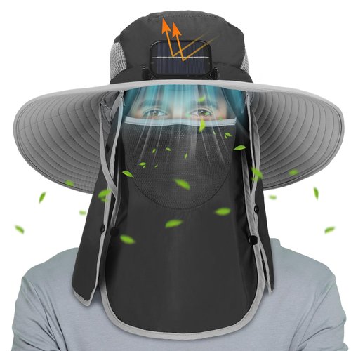 Berlune Solar Sun Hat Oversized Fishing Hat with Fan Bucket Hat Removable UV Protection UPF 50+ Sun Protection Wide Brim(Dark Grey)