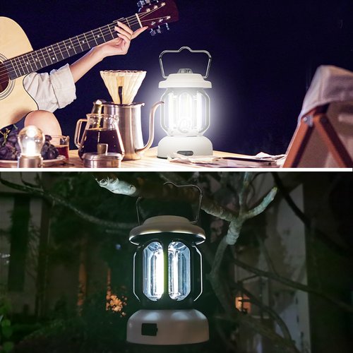 Camping Lantern Rechargeable, 360° Brightness Dimmable Retro Camping Light, Hanging Vintage Camping Lamp Outdoor Tent Light for Power Outage, Hurricane, Emergency, 3A Battery Included, White
