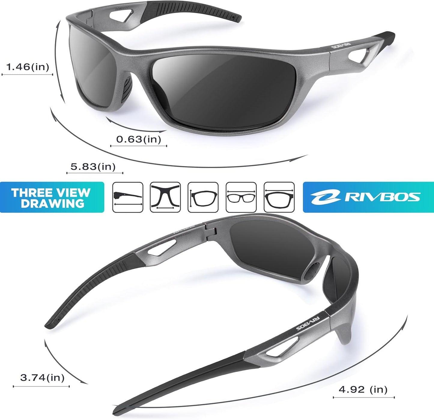 RIVBOS Polarized Sports Sunglasses Driving Sun Glasses Shades for Men Women Tr90 Frame for Cycling Fishing Running RB831