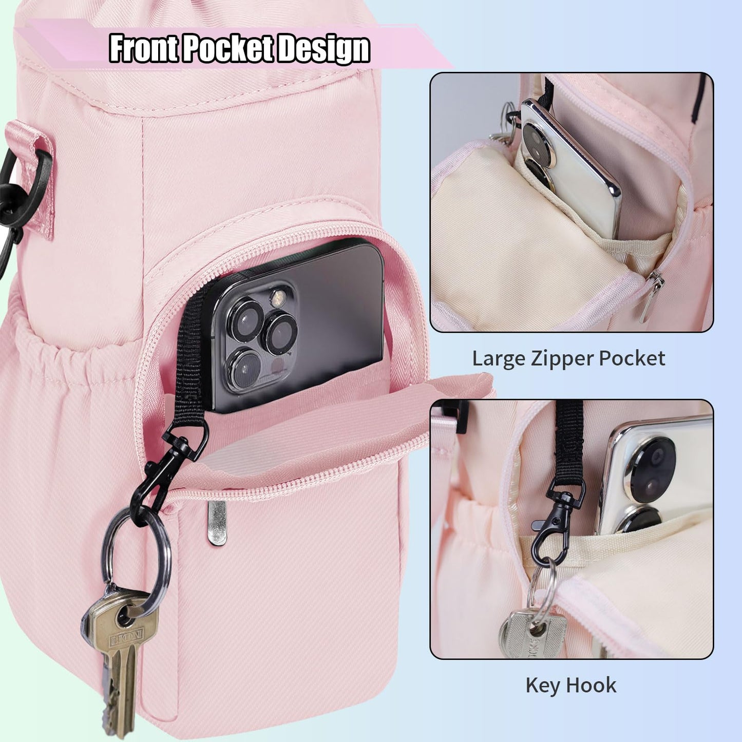 HOMEYA Water Bottle Carrier Bag with Phone Pocket for Stanley Cup 40 Oz Tumbler with Handle, Nylon Water Bottle Holder Pouch with Top Drawstring, Adjustable Shoulder&Handle Strap (Pink)