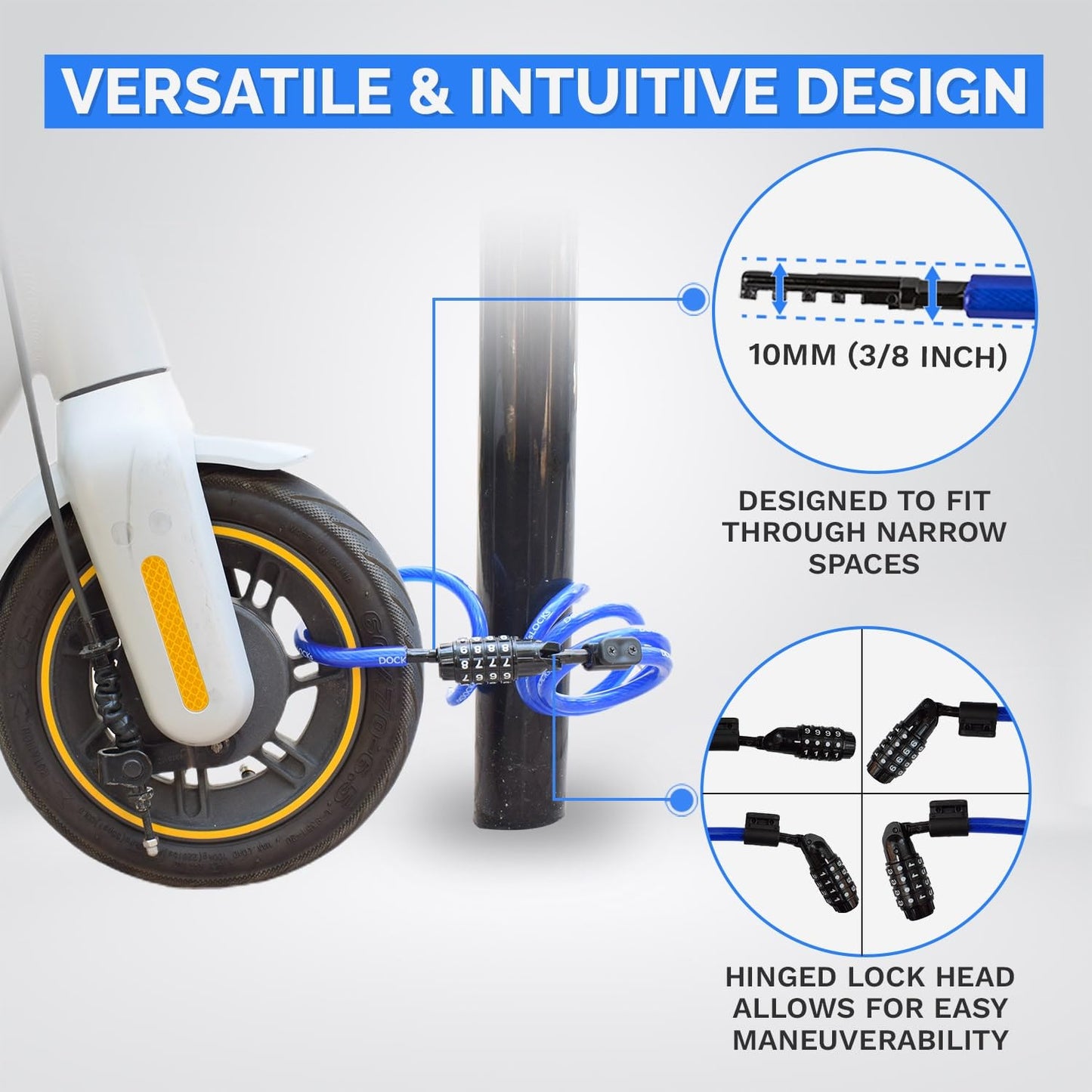 DockLocks Security Cable Lock Set (4' or 6') Coiled, Keyless Resettable Combination, Mounting Bracket, Portable and Compact for Bikes, Scooters 6ft