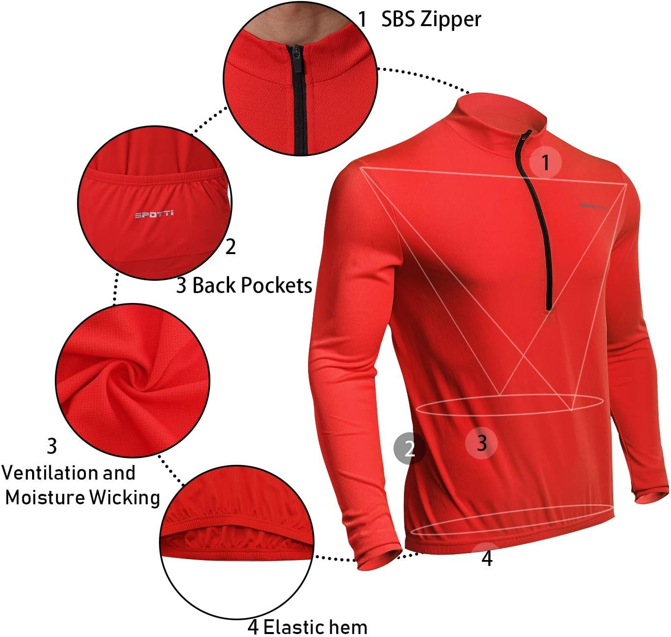 Spotti Men's Cycling Bike Jersey Long Sleeve with 3 Rear Pockets - Moisture Wicking, Breathable, Quick Dry Biking Shirt