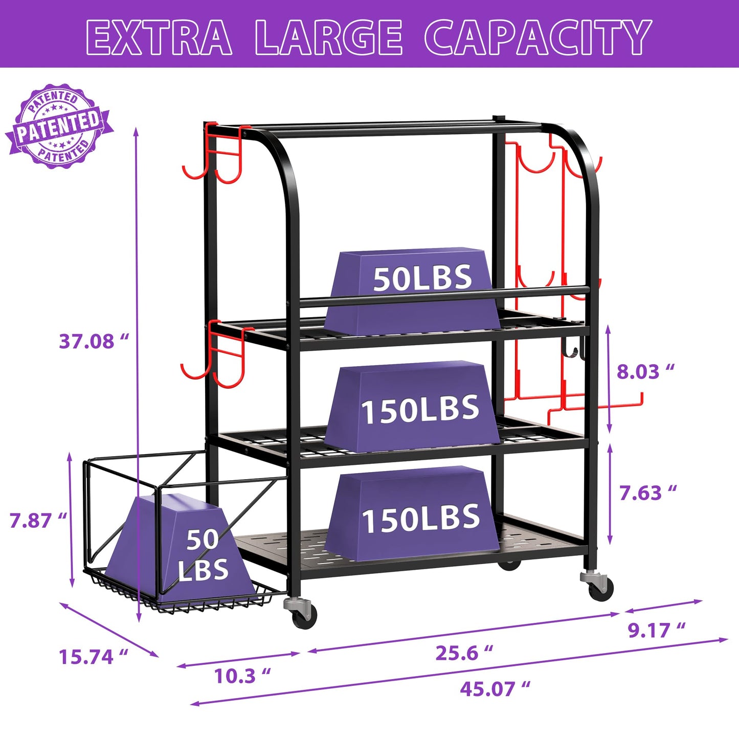 Home Gym Organizer - Yoga Mat Storage Rack, 400LBS Metal Gym Equipment Storage Cart with Large Basket & Movable Hooks, Dumbbell Rack & Weight Storage Racks for Workout Gear (Black)