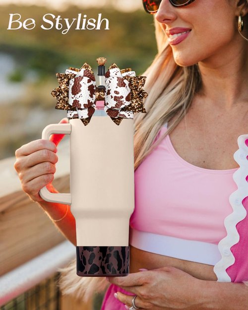 Toykee Cup Boot with Straw Cover for Stanley 40 30 oz - Cute Cow Print Bow Straw Topper and Brown Diamond Caps with Bottom Protector 3 PCS Sets for Tumbler Accessories