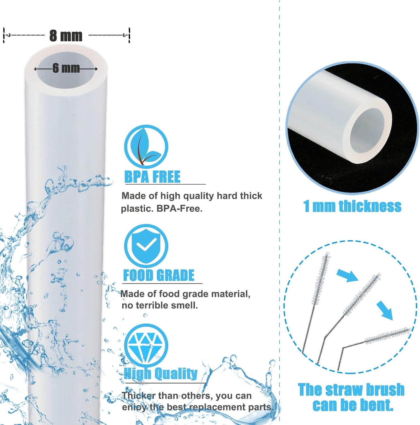 Greant 10 PCS Replacement Straws Compatible with Hydro Flask Wide Mouth Lid - 0.31 in Plastic Straws for 32oz Hydroflask With 2 Straw Brushes