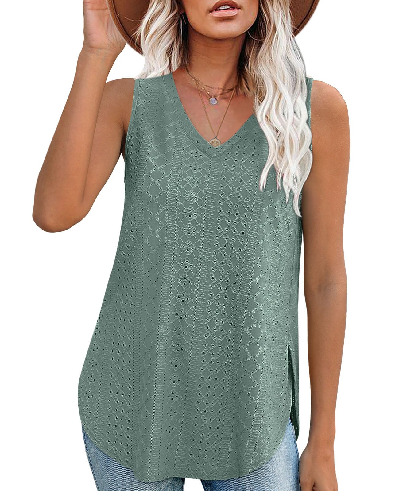 Green Tank Tops for Women Loose Fit V Neck Side Split Soft Summer Cami Shirts S
