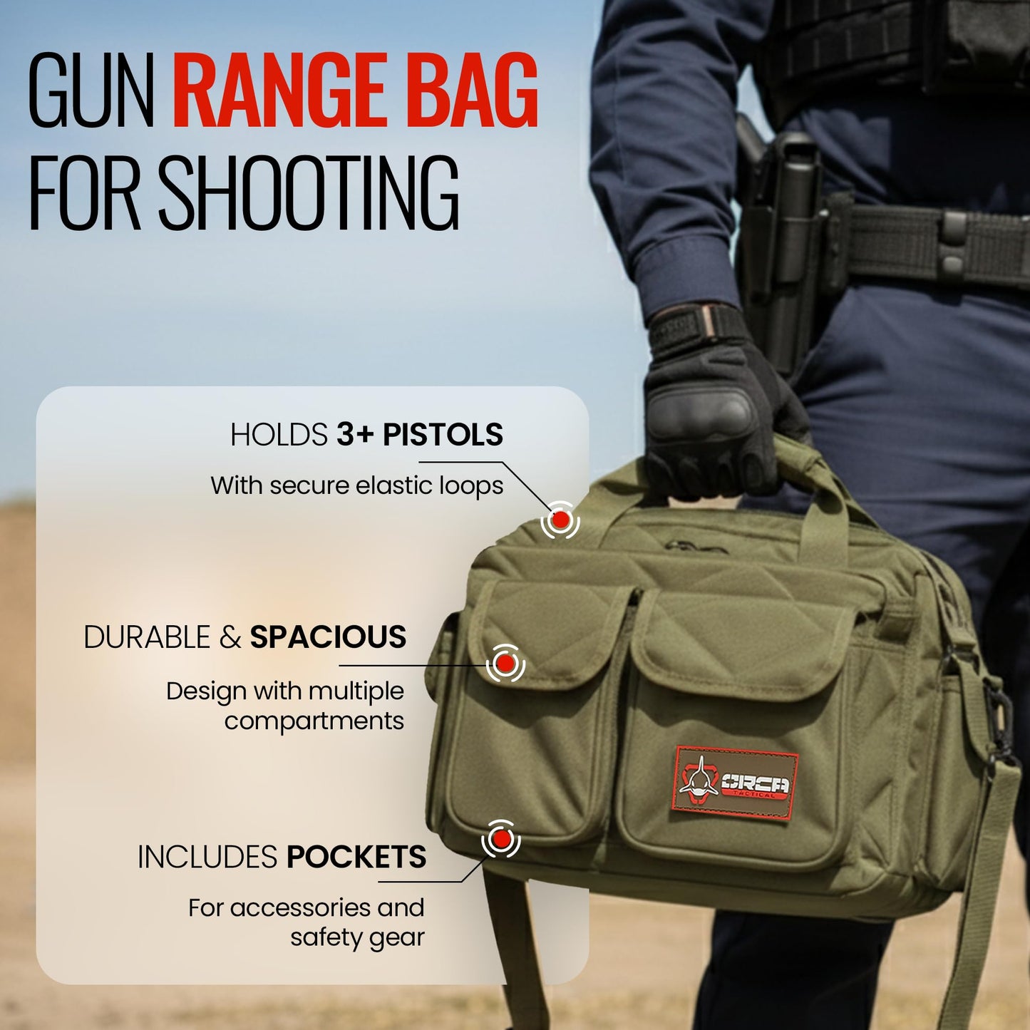 Gun Range Bags for Handguns and Ammo – Tactical Shooting Bag can Fits 3+ Pistols – Compact Gun Carrying Case with Durable Double Stitching Lockable YKK Zippers, Magazine Storage & Shoulder Strap