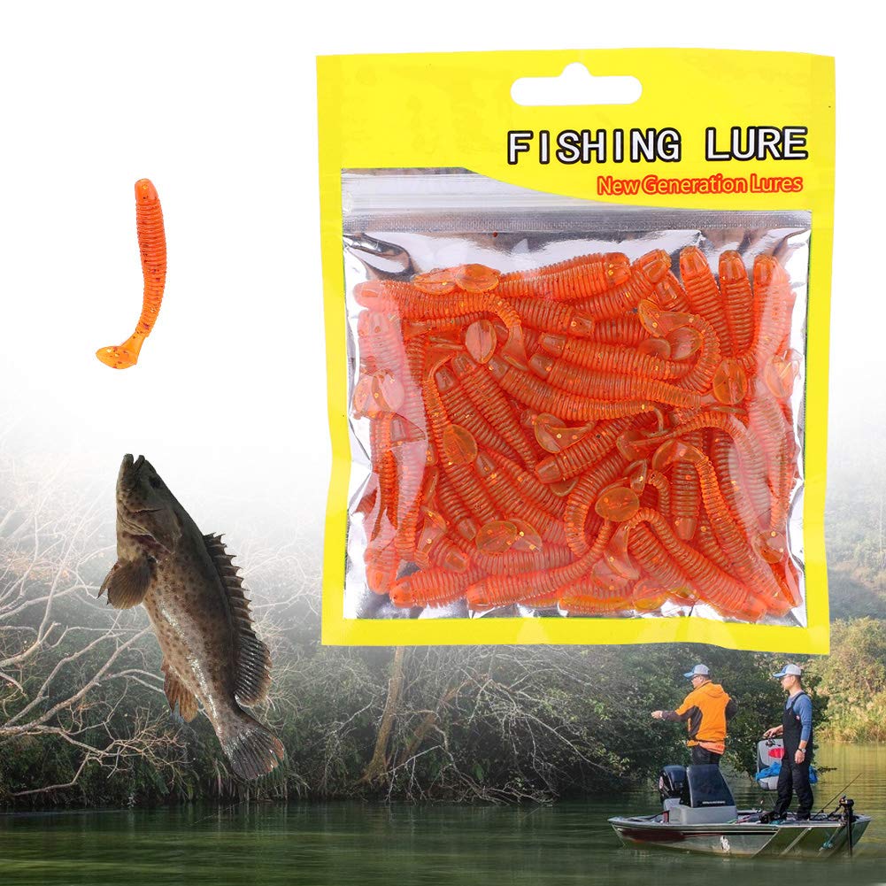 50PCS Fishing Lures Kit, 2in Plastic Fishing Soft Lures T Tail Grub Worm Baits Fishing Swimbaits Fishing Fish Tackle Accessories (Orange)