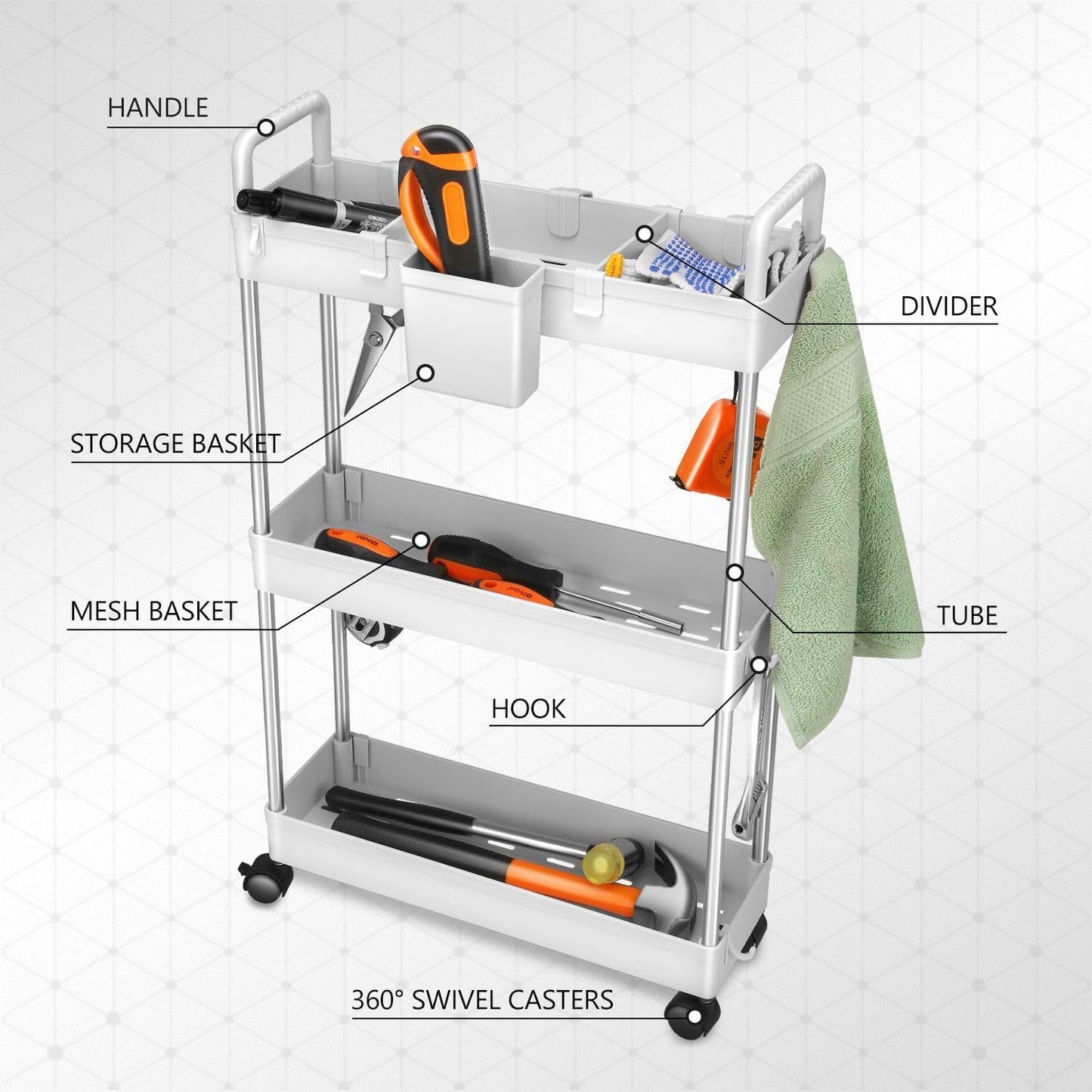 DNA MOTORING 3 Tier Slim Rolling Storage Cart, Plastic Utility Cart Organizer, Mobile Shelving Unit Utility Cart for Garage, Warehouse, Kitchen, Bathroom, Narrow Space, w/Wheel, White, TOOLS-00797-WH