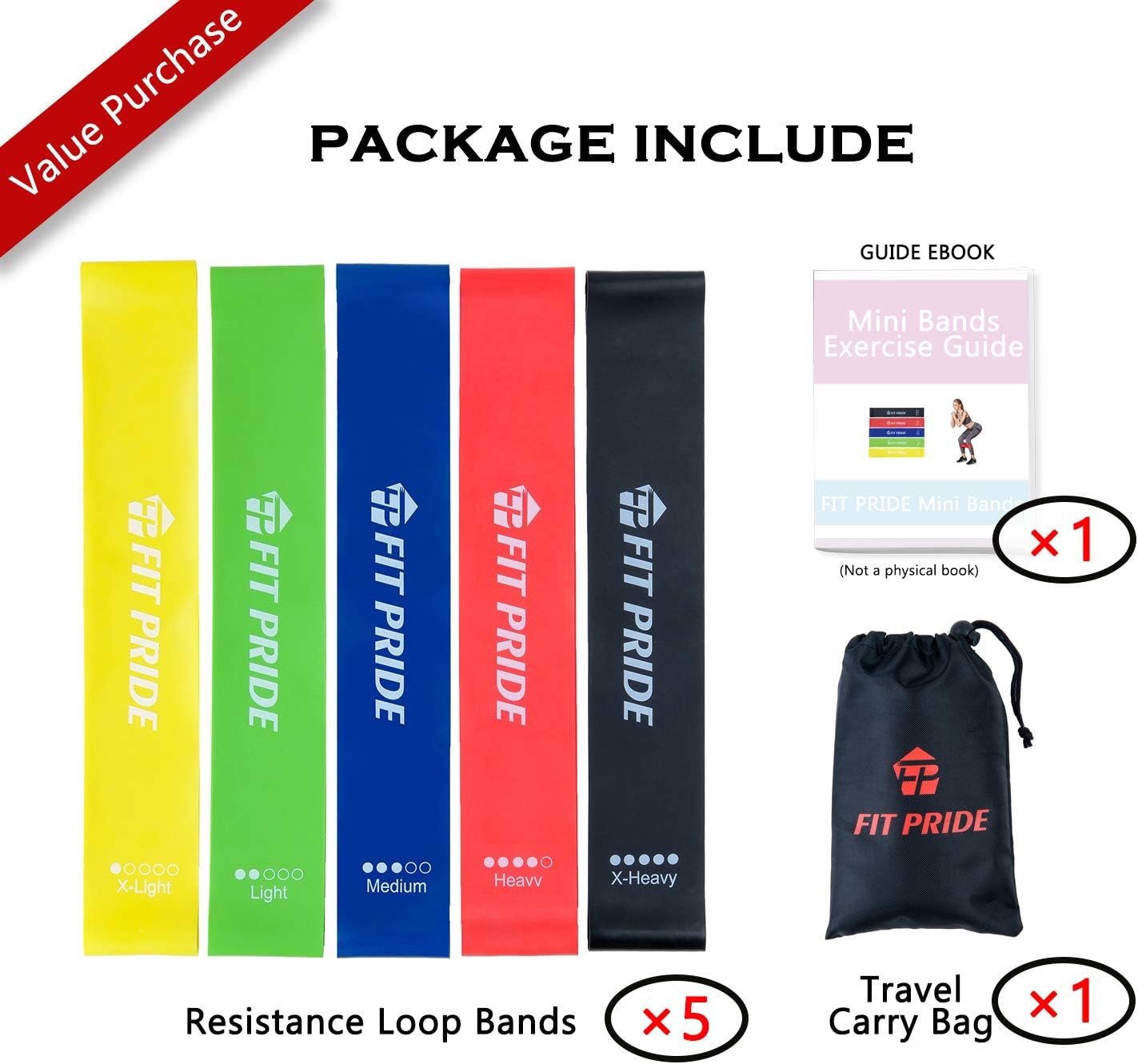 Resistance Loop Exercise Bands with Carry Bag and Ebook,5 Pack Premium Workout Bands for Legs and Butt, Yoga, Pilates, Strength Training, Home Fitness