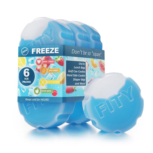 FITY Freeze The 6 Pack - A Space Saving Freezable Ice Pack use w/Lunch Boxes, Diaper Bags, Sore Muscles, 16oz can cooler tumblers, Beach Bags, Coolers, and More. (blue, 6 pack)