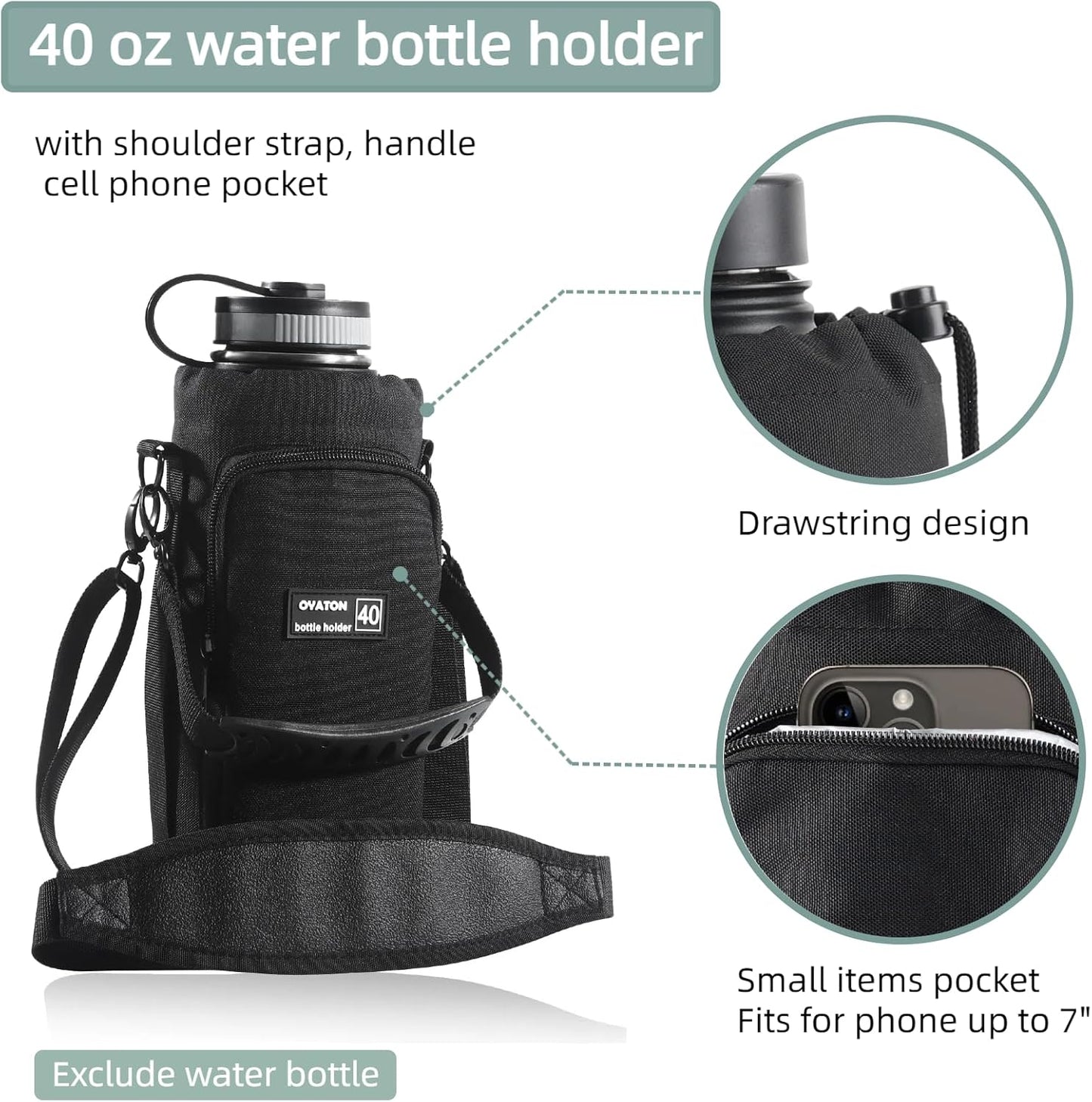 32 oz - 64 oz Black Neoprene Bottle Holder with Strap and Pocket for Walking, Travel and Hiking