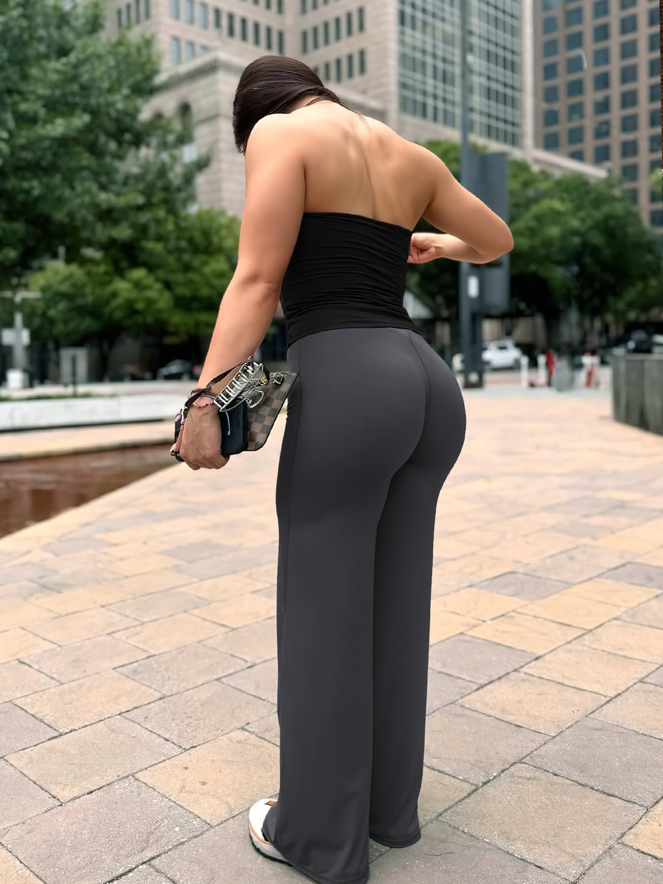 YEOREO Workout Leggings Womens No Front Seam Straight Leggings 33" High Waist Buttery Eddiy Gym Yoga Pants Dark Gray XS