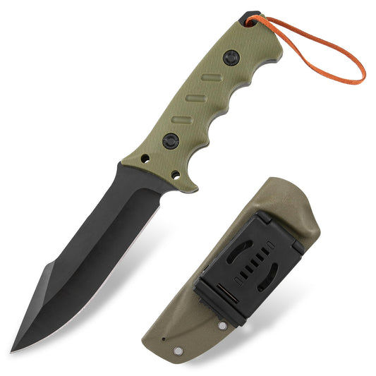 Brarvagur Full Tang Tactical Survival Knife with Kydex Sheath - Heavy Duty Outdoor Fixed Blade Knife, and Adjustable Belt Clip - Ideal for Hunting, Bushcraft, and Camping (Green)