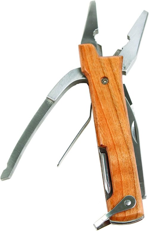 10-in-1 Stainless Steel Multi-Tool with Wood Handle - Compact EDC Gear for Camping & Outdoors