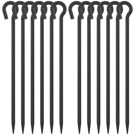 18 Inch Rebar Stakes with Loop 12 Pack Camping Tent Ground Anchors Heavy Duty 1/2 Inch Diameter Metal Tree Stakes and Supports for Leaning Trees, Dog Tie Out Stake, Garden Rope Fence Stakes, Black