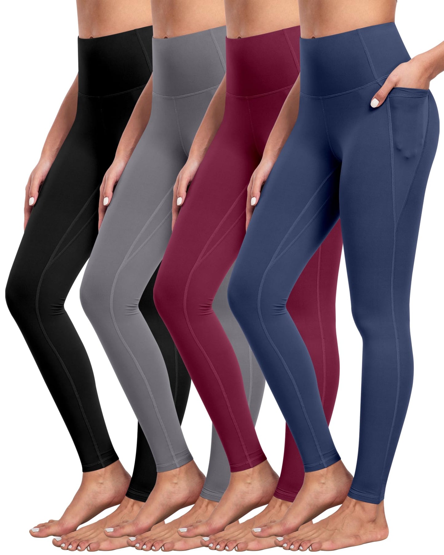 NORMOV 4 Packs Yoga Leggings with Pockets for Women, Soft High Waisted Tummy Control Workout Pants(Black/Dark Gray/Burgundy/Navy,XL)