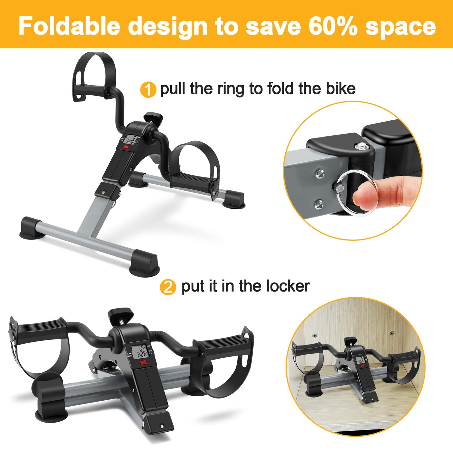Folding mini Exercise Bike Portable Pedal Exerciser Desk Bike with LCD Displays for Arms and Legs Low Impact Exercise (GRAY)
