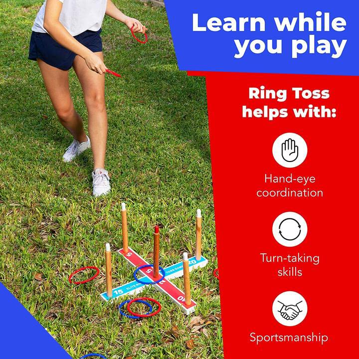 Outdoor Ring Toss Game for Kids and Family - Yard Lawn Games with Wooden Base