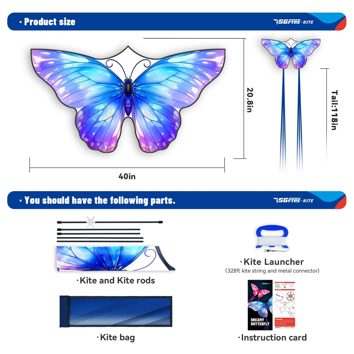 SGftre Butterfly Kite for Boys and Girls Easy Flight Hand Kites Perfect Outdoor Toy for Kids and Adults, Great for Beach Fun and Outdoor Activities, Great Gift for Kids (Blue Dreamy Butterfly)