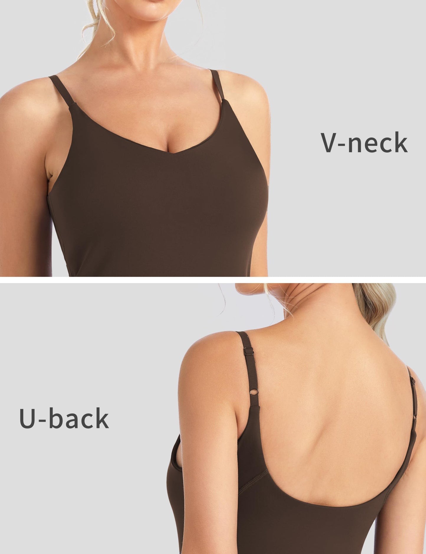 THE GYM PEOPLE Women's Longline V Neck Sports Bra with Removable Pads Adjustable Spaghetti Strap Yoga Workout Cami Tank Tops Brown