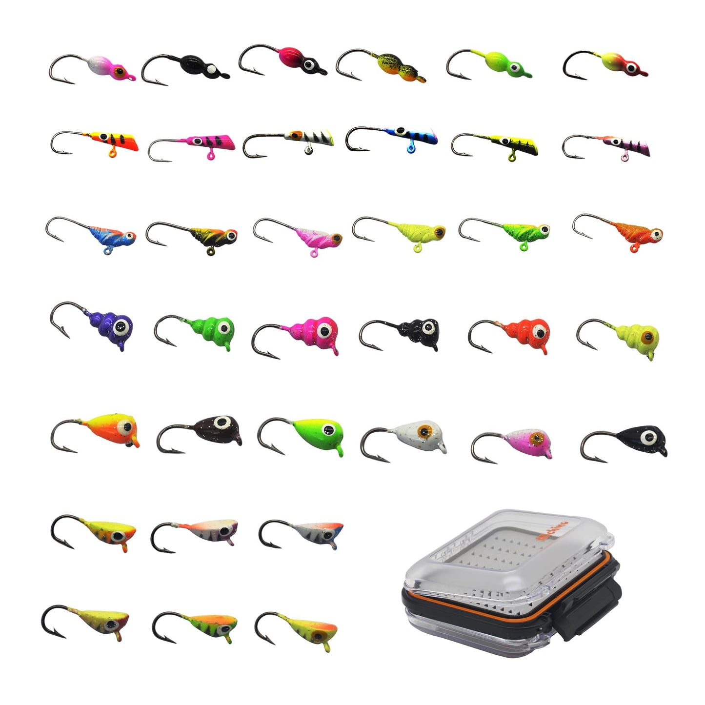 Alichino Ice Fishing Jig Set Ice Fishing Lures for Panfish Crappie, Ice Jig Head Hook Set (Lead ice jig Sets 6 Types 36 pcs with Box)
