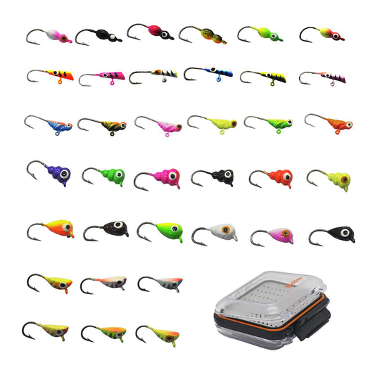 Alichino Ice Fishing Jig Set Ice Fishing Lures for Panfish Crappie, Ice Jig Head Hook Set (Lead ice jig Sets 6 Types 36 pcs with Box)