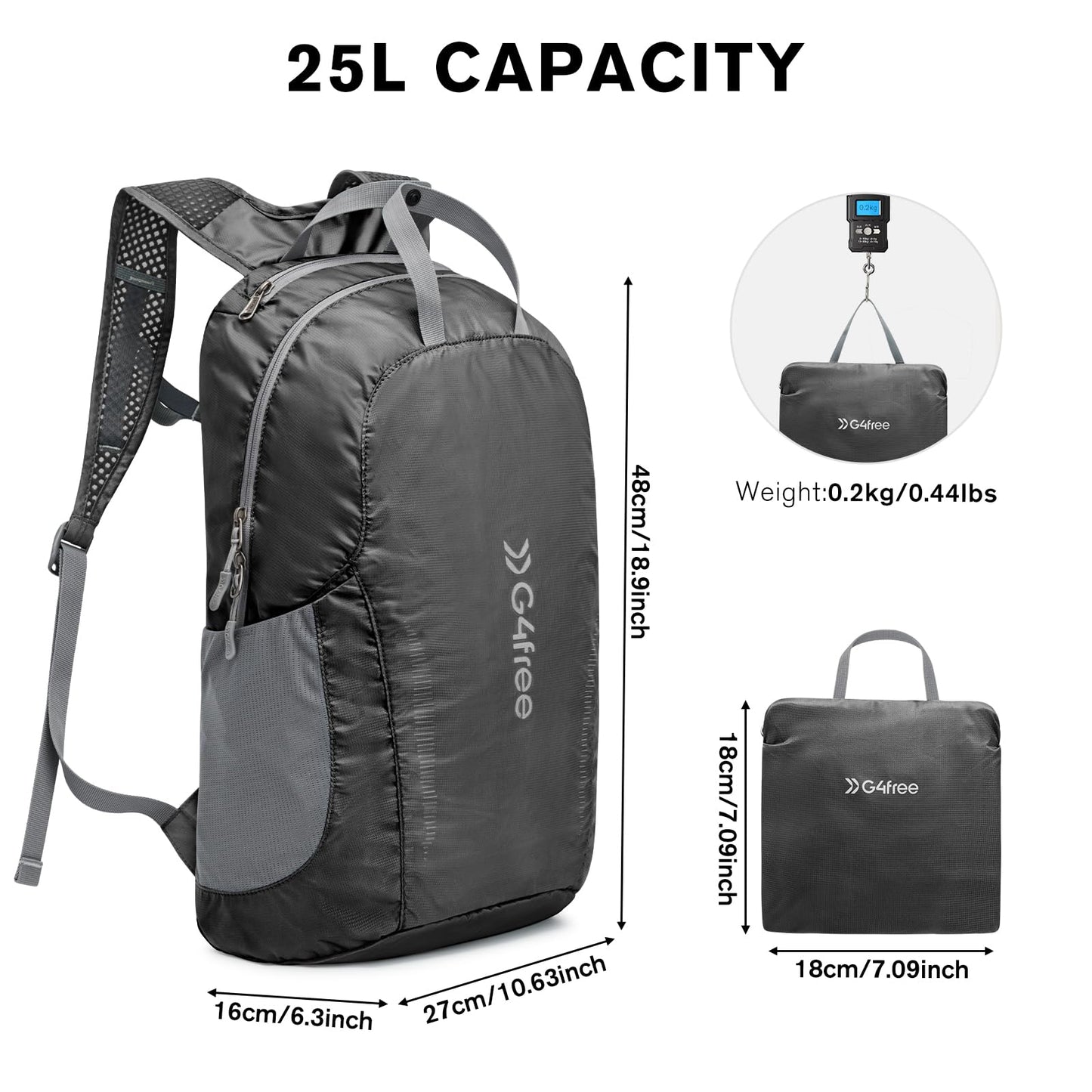 G4Free 25L Lightweight Hiking Backpack Packable Foldable Sport Travel Daypack Water Resistant for Women Men（Black）