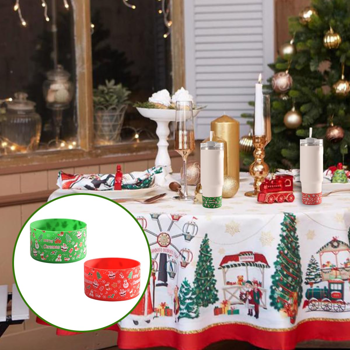 AUOCATTAIL 2Pcs Christmas Boot for Stanley Cup Accessories Red Green Silicone Boot Sleeve Hydro Flask Water Bottle 20-40oz and More Bottles Xmas Decor for Cup Merry Christmas Party Supplies