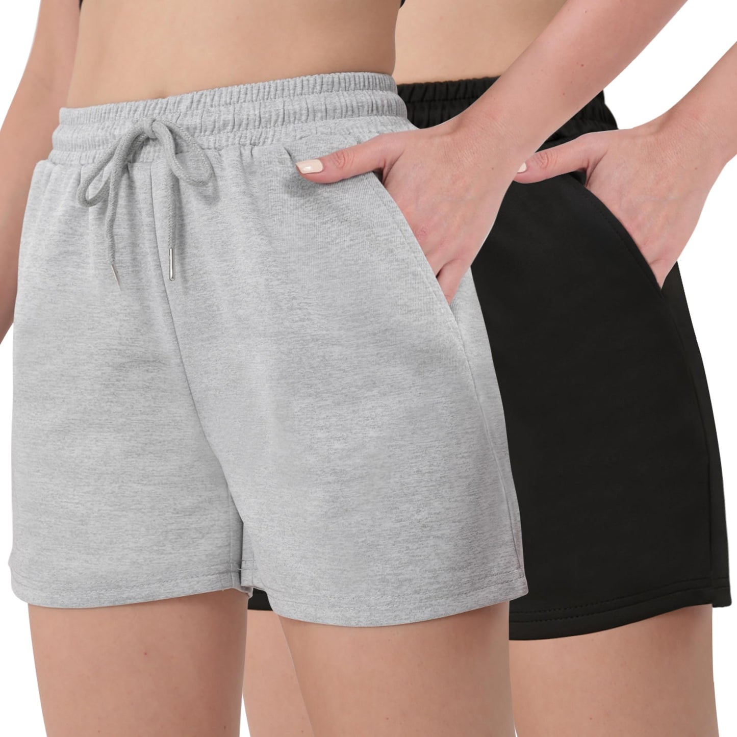 FEQO 2 Pack Women's Sweat Shorts with Pockets Drawstring Workout Lounge Shorts Casual Summer Running Clothes, Black & Gray, L