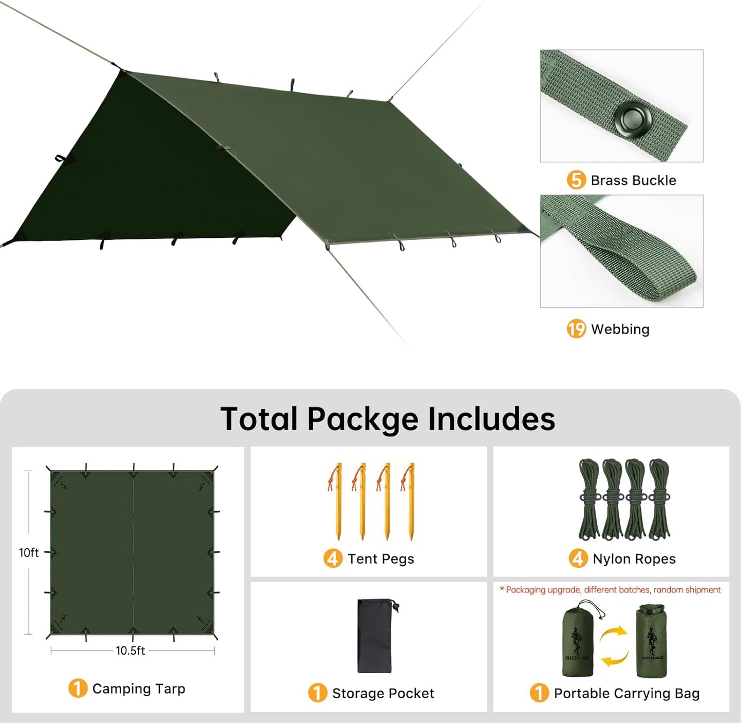 FREE SOLDIER Waterproof Portable Tarp Multifunctional Outdoor Camping Traveling Awning Backpacking Tarp Shelter Rain (Brown 10×10.5ft)