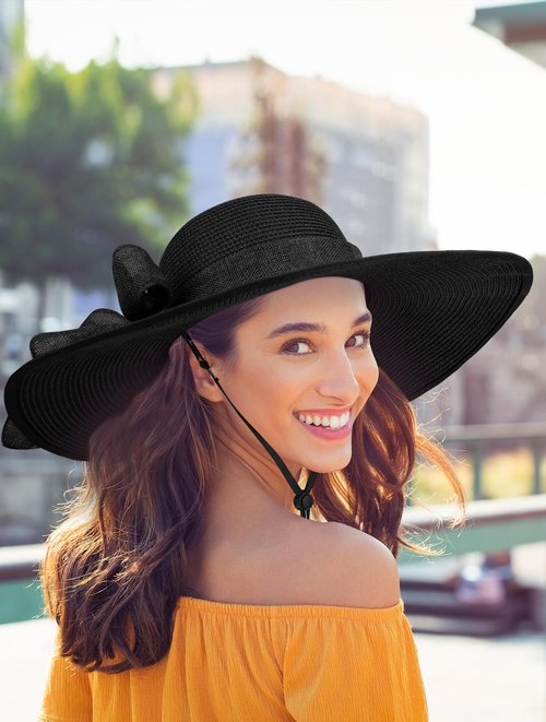 Senker Fashion Sun Hats for Women, Wide Brim Floppy Beach Straw Hat for Summer Travel Vacation Foldable with Sunglasses Black