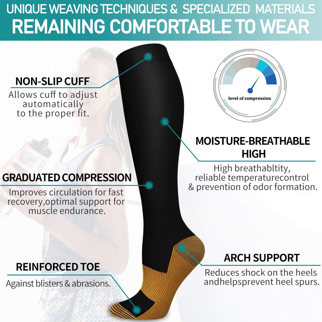 COOLOVER Copper Compression Socks for Women and Men(6 Pairs)-Best Support for Running, Athletic, Travel