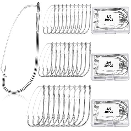 Rotatingpals 90 Pcs Weedless Wacky Rig Hooks 1/0 2/0 3/0 Bass Fishing Rig Worm Hooks Wide with Box for Wacky Rigging Worm Lure